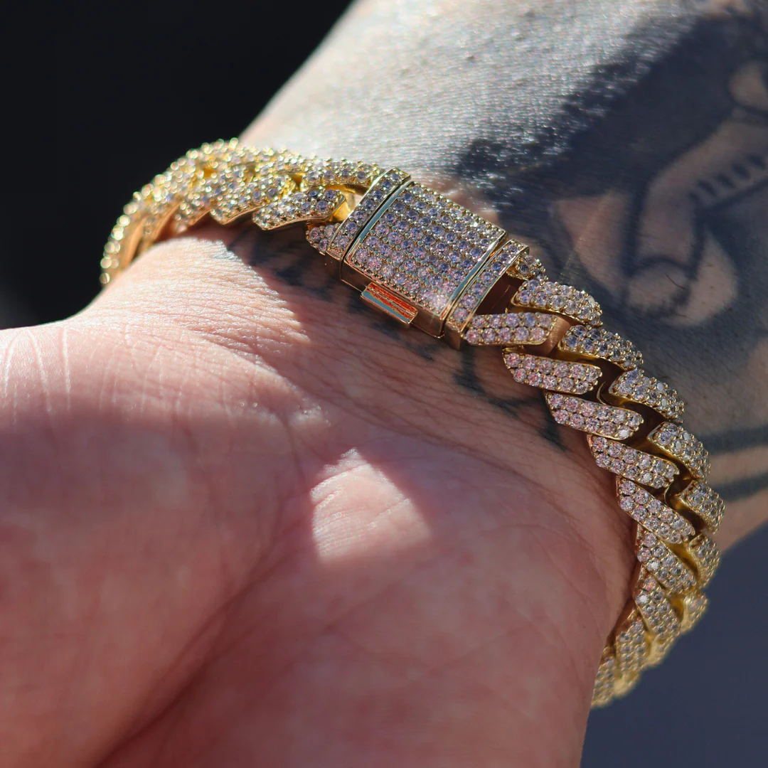 Iced Prong Cuban Bracelet (Gold) - 12mm - Image 4