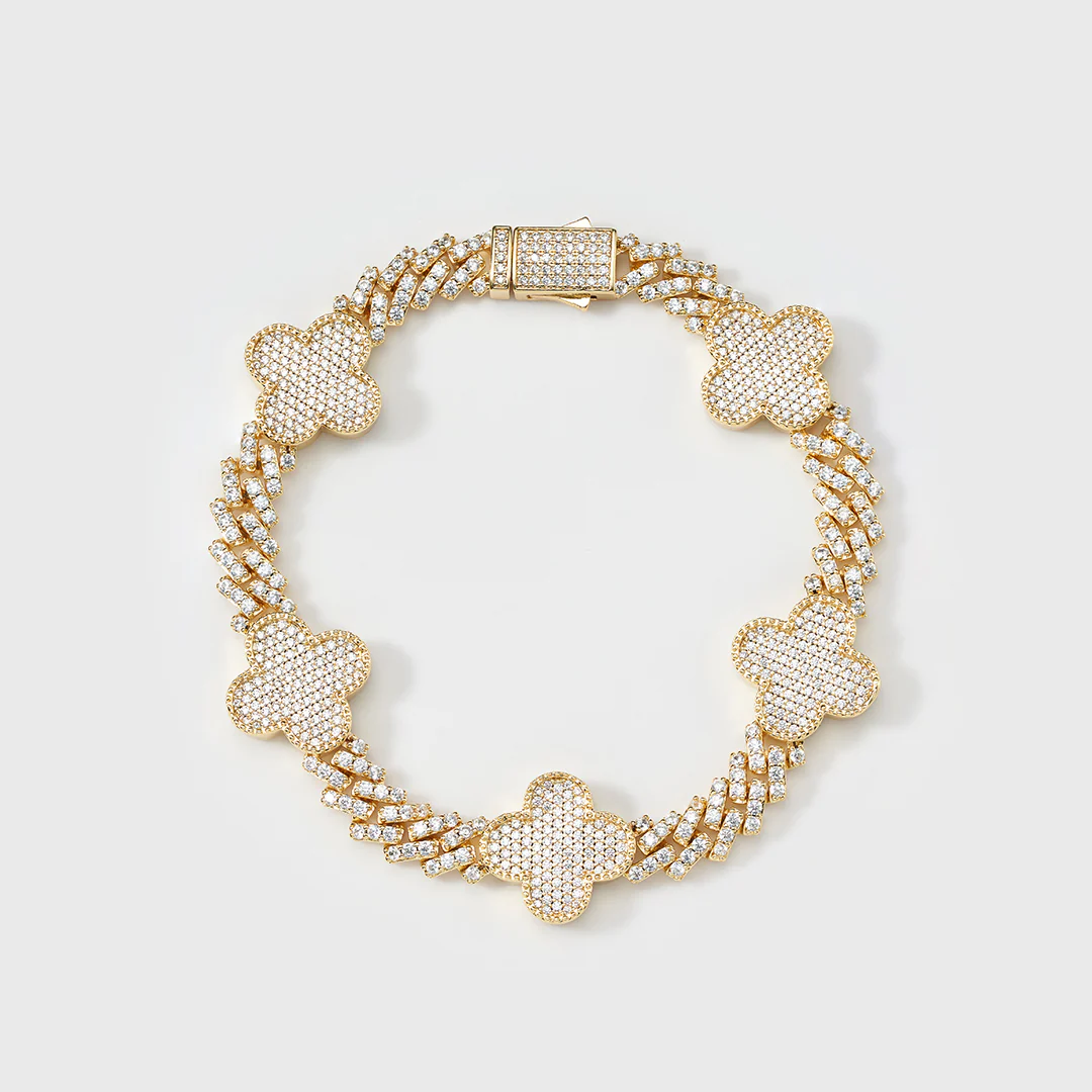 Women's Clover Iced Prong Cuban Bracelet (Gold) - 8mm