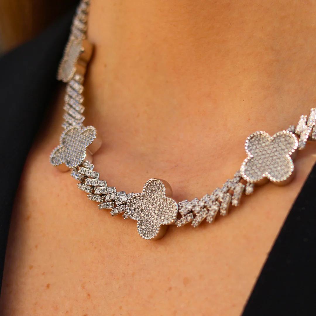 Women's Clover Iced Prong Cuban Chain (Silver) - 8mm - Image 4